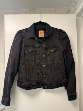 GAP Women's Black Denim Jacket with Puff Shoulder